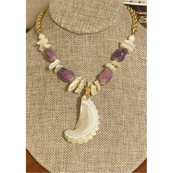 Miriam Haskell Jewelry - Miriam Haskell Goldtone Amethyst and MOP Shell Pendant Necklace 23"